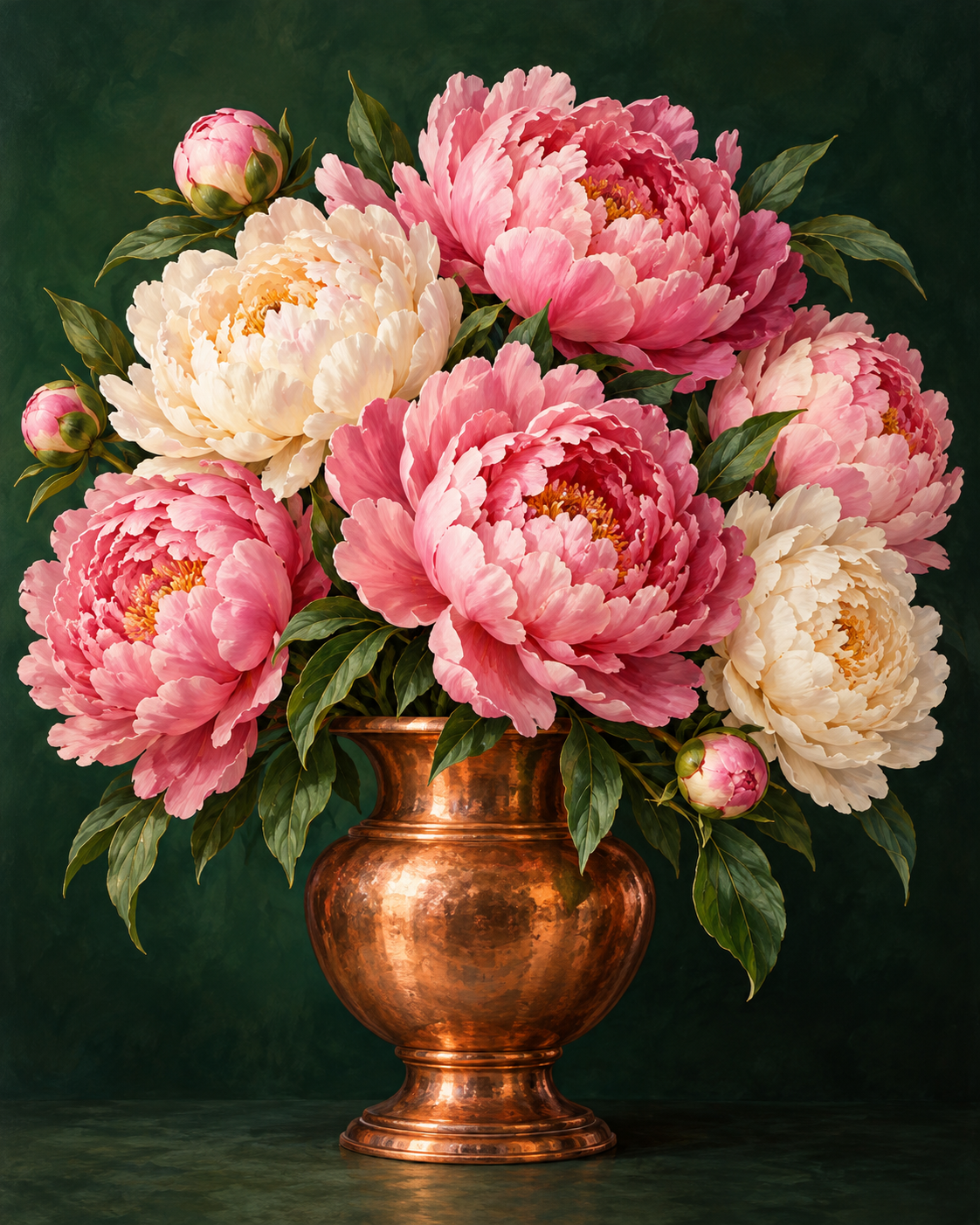 Roze en crèmekleurige pioenrozen in een koperen vaas tegen een diepgroene achtergrond.