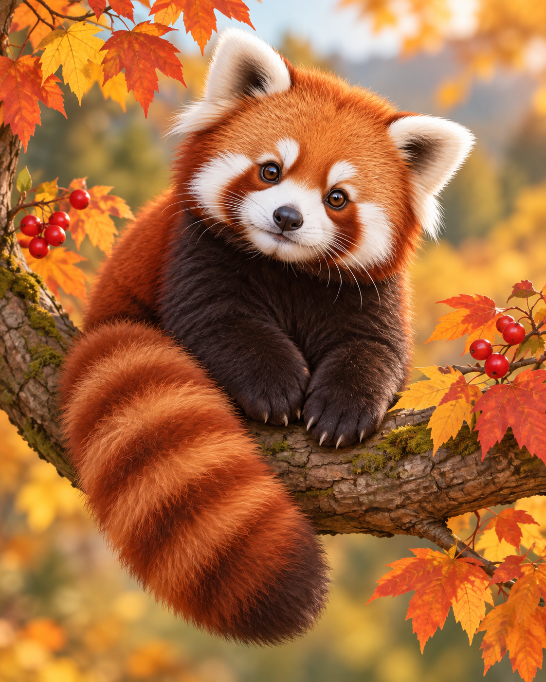 Schattige Rode Panda in Herfstbos diamond painting ontwerp