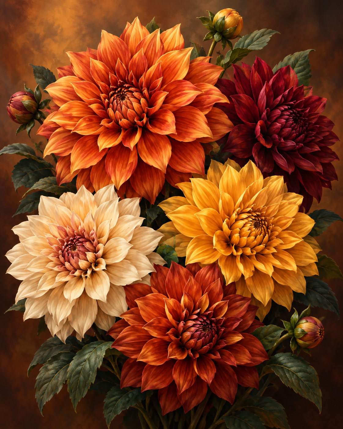 Dahlia’s in warme herfsttinten, met volle bloemhoofden in rood, oranje en geel.
