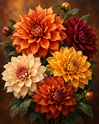 Thumbnail for Dahlia’s in warme herfsttinten, met volle bloemhoofden in rood, oranje en geel.