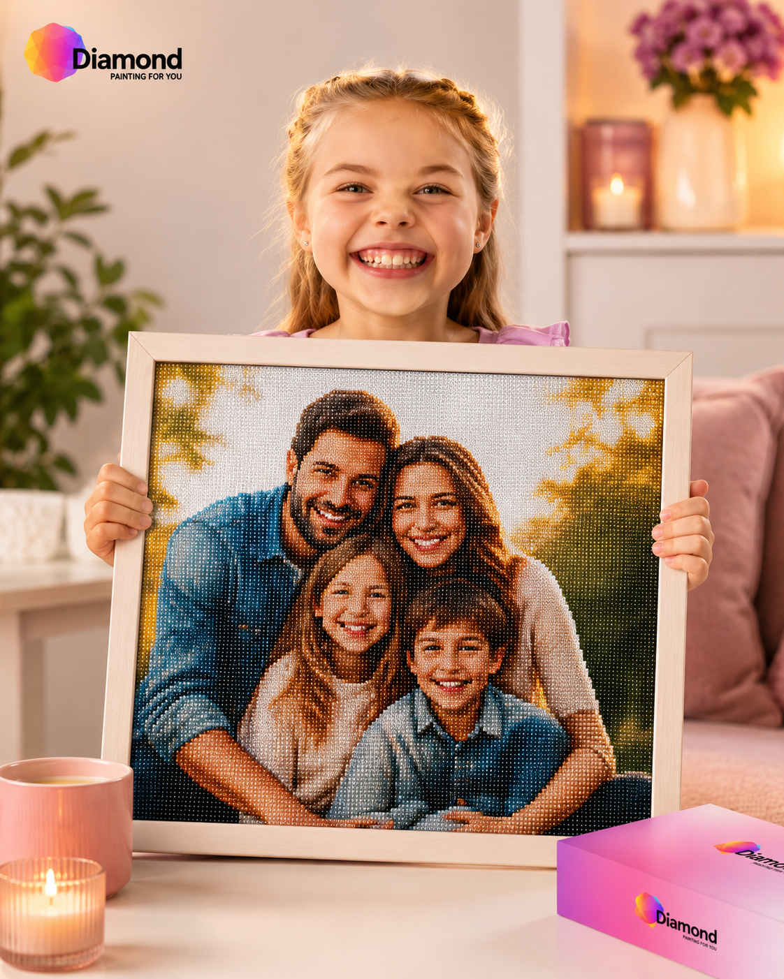 Kind met ingelijste diamond painting van eigen foto