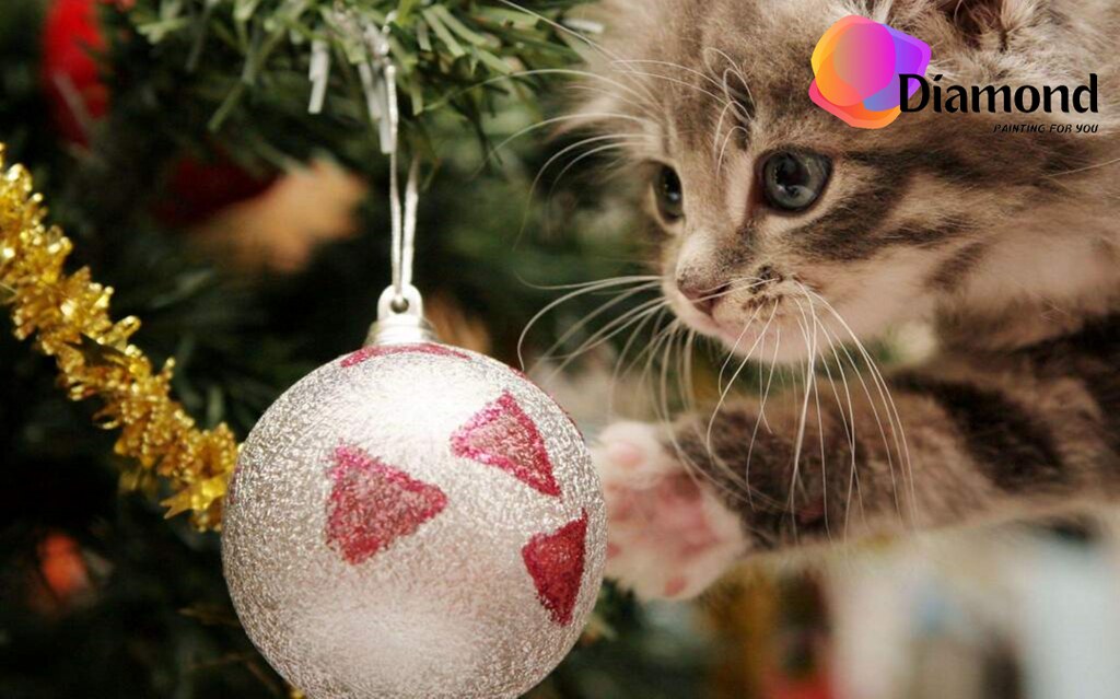 Kitten speelt met kerstbal Diamond Painting for you