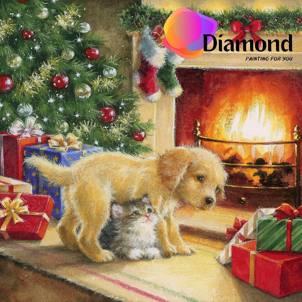 Hond Kat bij open haard Diamond Painting for you