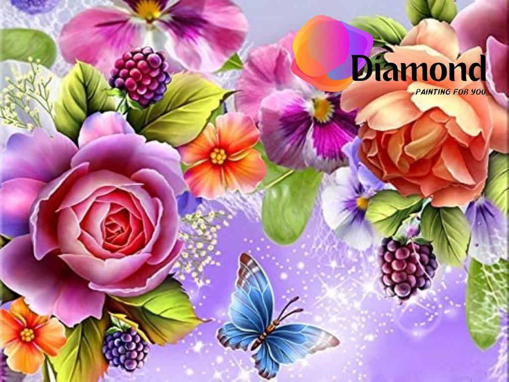 Gekleurde bloemen met vlinder en druiven Diamond Painting for you