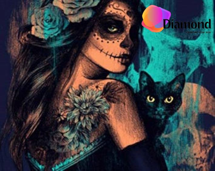 Doodshoofd vrouw met zwarte kat Diamond Painting for you