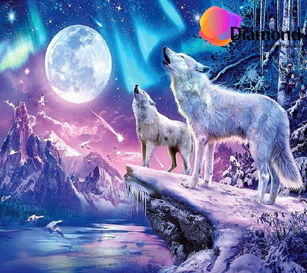 Witte wolven huilen bij maanlicht Diamond Painting for you
