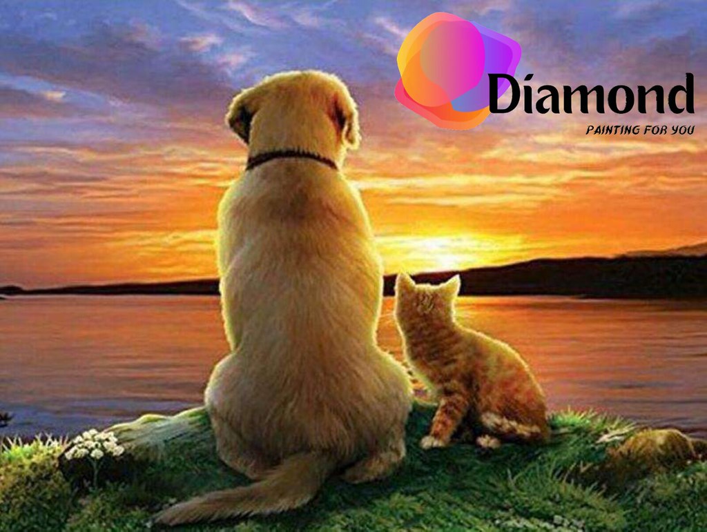 Hond en kat zonsondergang Diamond Painting for you