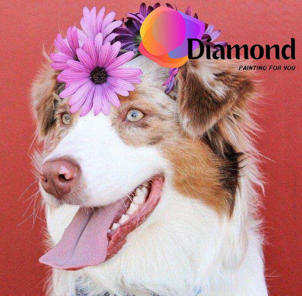 Hond met paarse bloemen op het hoofd Diamond Painting for you
