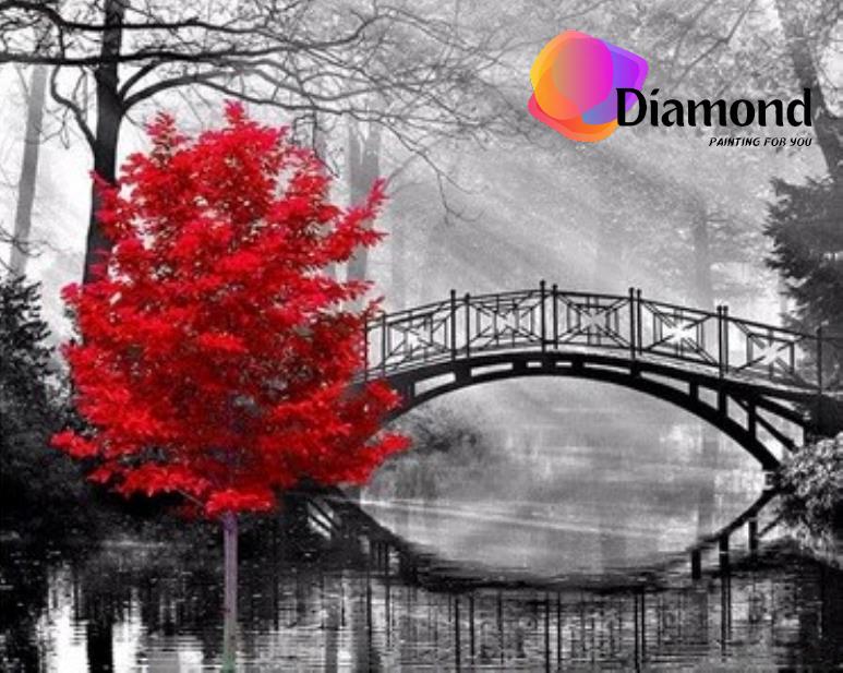 Rode boom bij een brug Diamond Painting for you