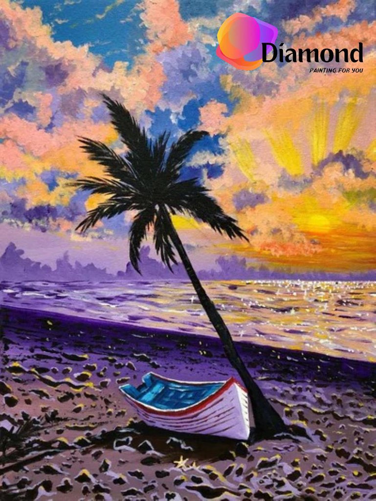 Palmboom op het strand met bootje Diamond Painting for you