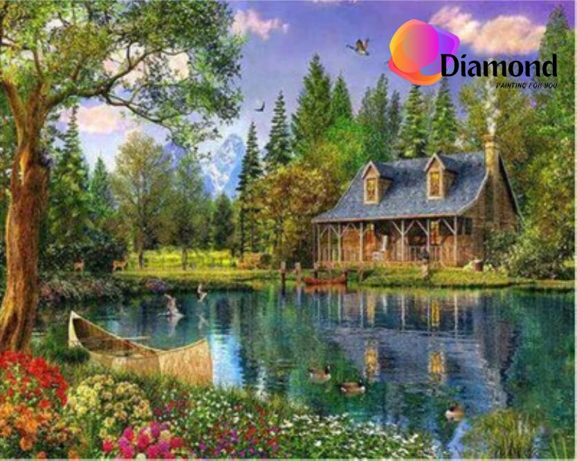 Huisje in het Bos bij meer Diamond Painting for you