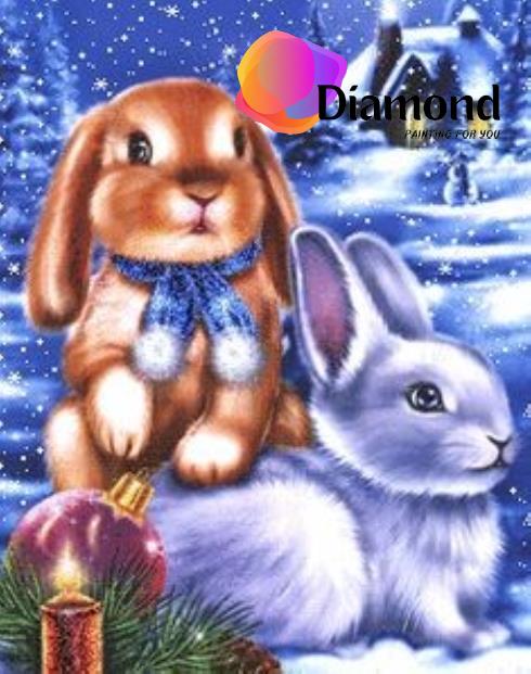 Twee konijnen bij kerstbal en kaars Diamond Painting for you
