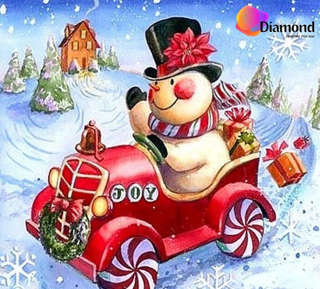 Sneeuwpop in een kerstversierde auto Diamond Painting for you