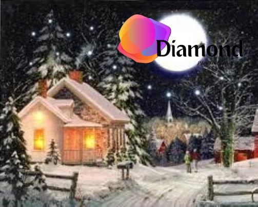 Kerstman voor de volle maan bij kersthuisje Diamond Painting for you