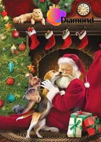 Kerstman met hondjes bij een openhaard met boom Diamond Painting for you