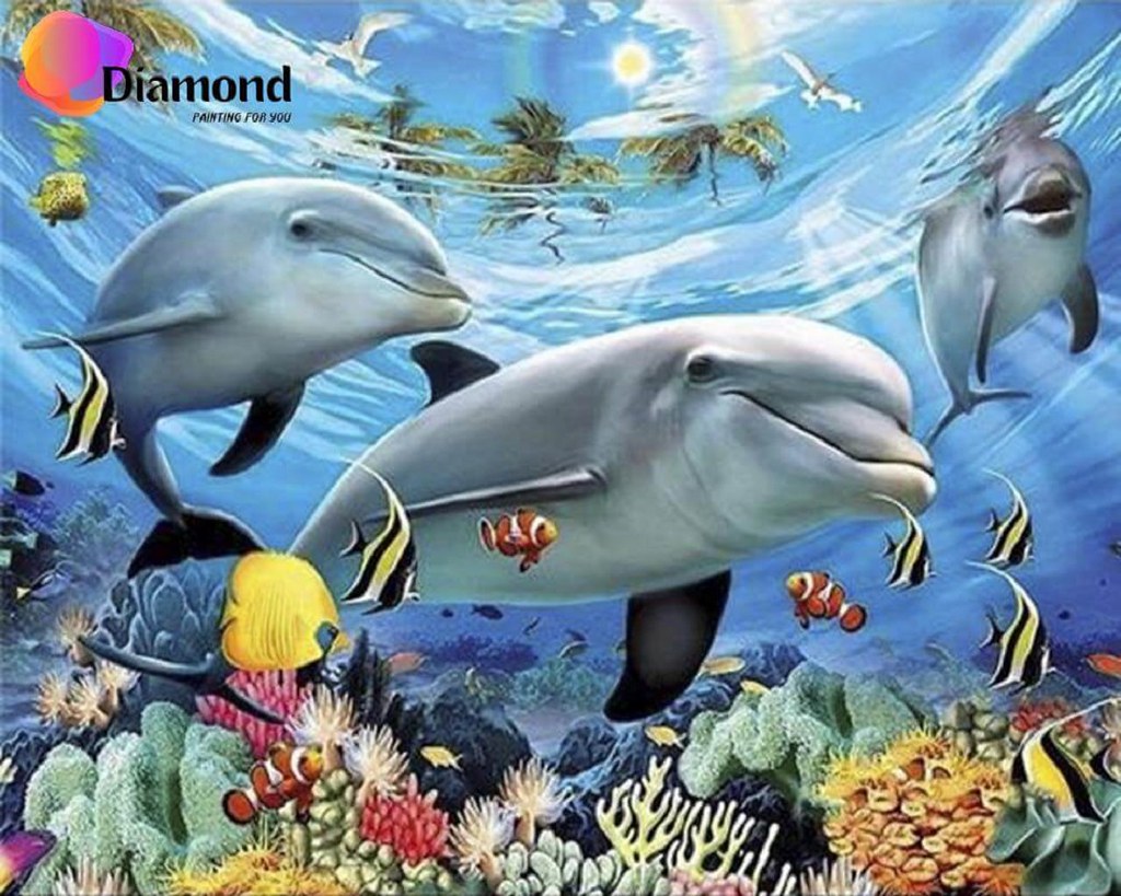 drie Dolfijnen met vissen Diamond Painting for you