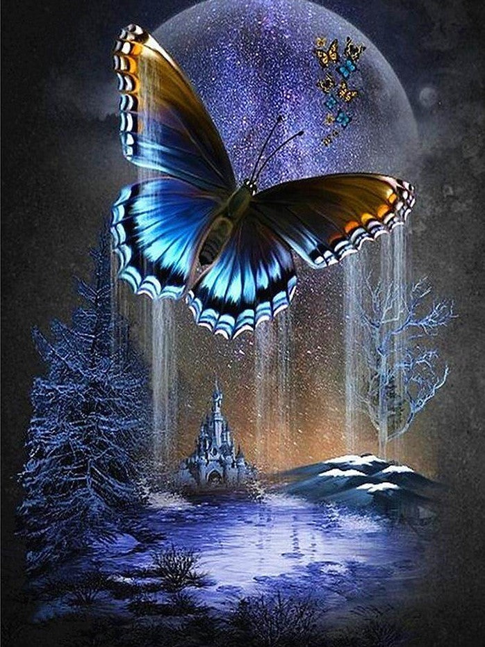 Blauw gele vlinder vliegt omhoog bij maanlicht Diamond Painting for you