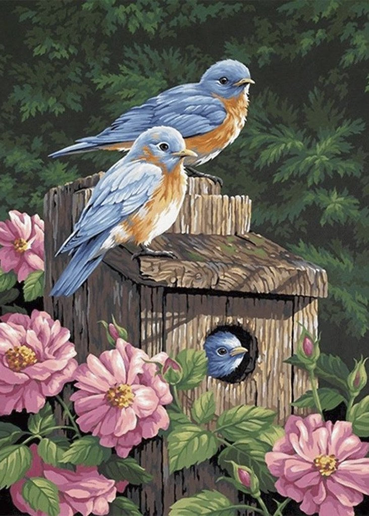 Drie blauwe vogels bij een vogelhuisje Diamond Painting for you
