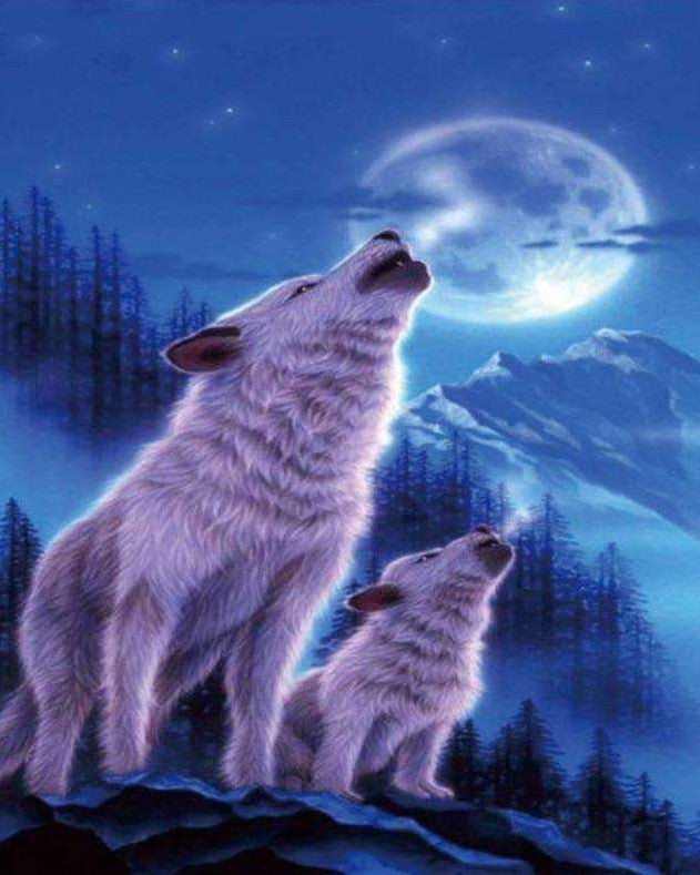 Moederwolf met jong huilen tegen de maan Diamond Painting for you