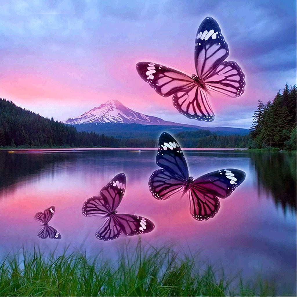 Vier vlinders bij een meer vliegen omhoog Diamond Painting for you